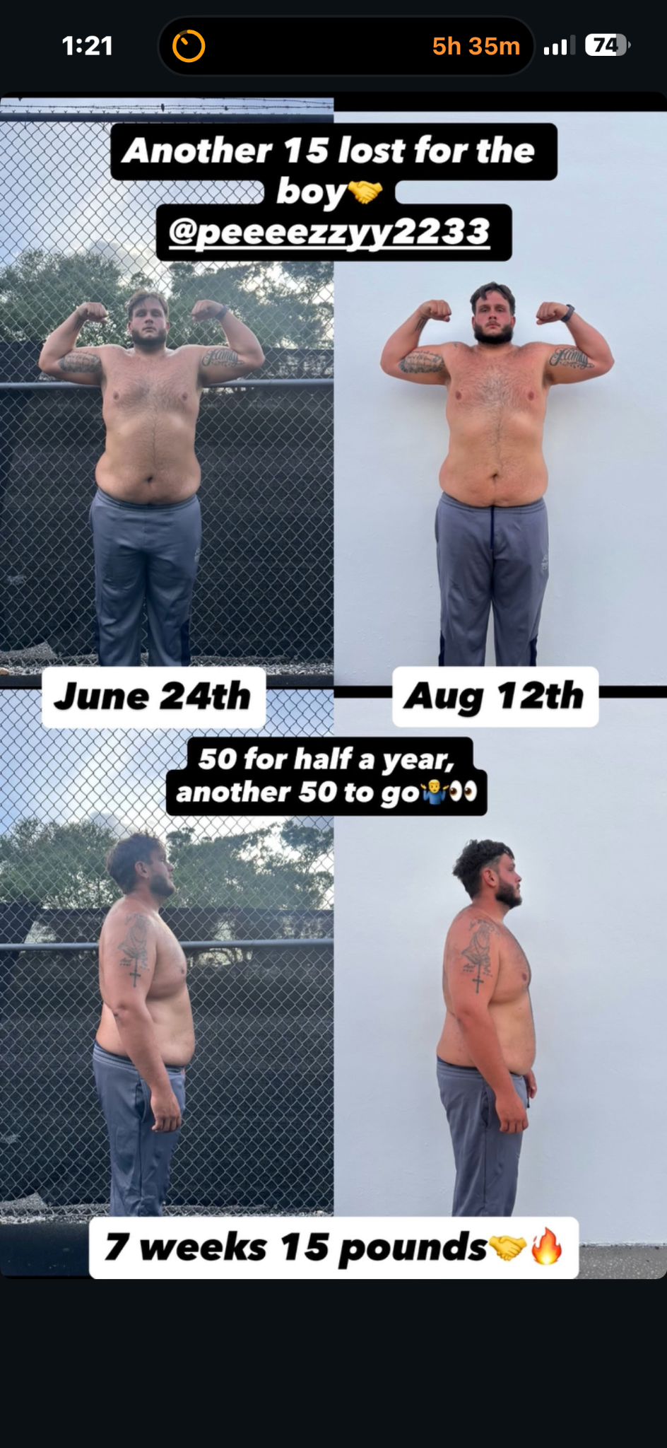 Client progress showing 15 pounds lost in seven weeks